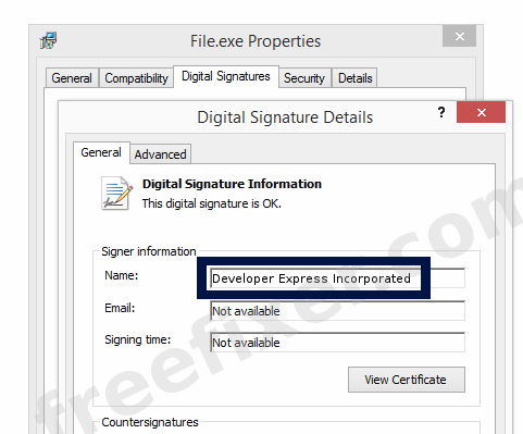 Screenshot of the Developer Express Incorporated certificate